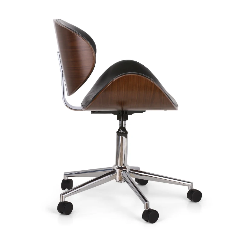 Vinsetto Mid-Century Modern Office Chair, Faux Leather Upholstery, Bentwood Design, Adjustable Height with Swivel, Rolling Casters, 23"x23"x29.25", Black+Dark Walnut