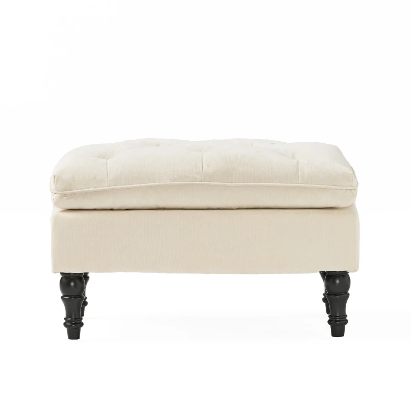 28" Pillow Top Ottoman with Button Tufted Upholstery, Turned Birch Legs, Extra Seating or Footrest, 28.5"x18"x17.75", Cream