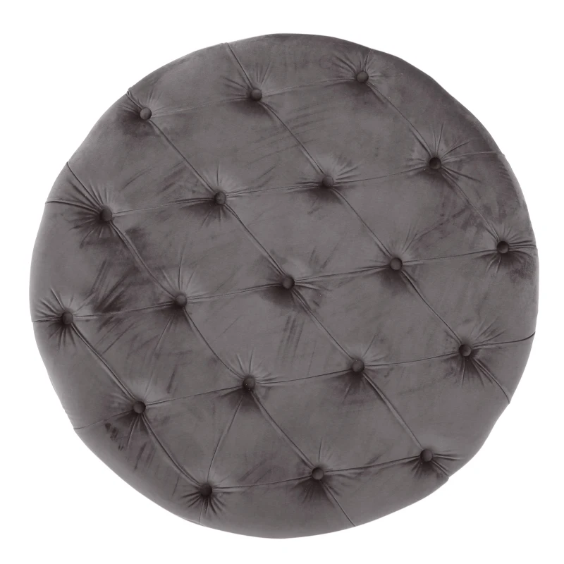 Modern Glam Round Velvet Ottoman with Cushioned Top, Sturdy Frame, and Space-Saving Design, 29.5" L x 29.5" W x 18" H, Gray