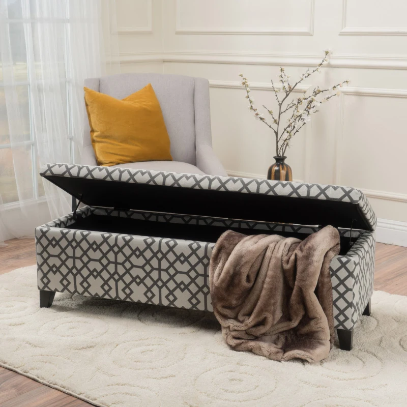 Cushioned Storage Ottoman with Sturdy Frame and Space-Saving Design, Geometric Pattern Surface, Gray