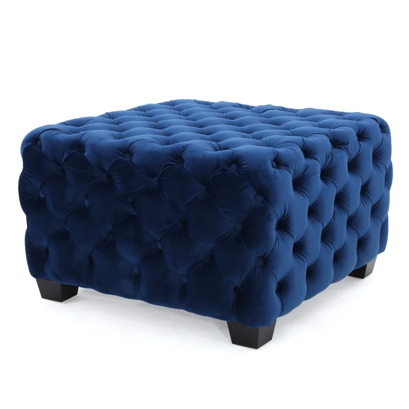 Velvet Ottoman with Cushioned Top, Sturdy Frame, and Space-Saving Design, 29" L x 29" W x 18.25" H, Navy Blue