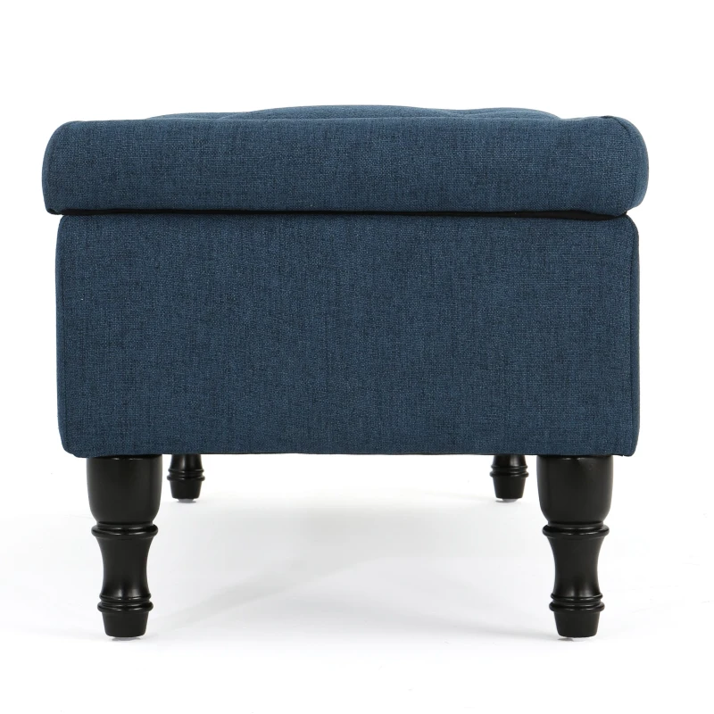 Storage Ottoman with Tufted Top and Dark Wooden Legs, Multi-Functional Suede Upholstery, 40.75" L x 19.25" W x 17.25" H, Navy Blue