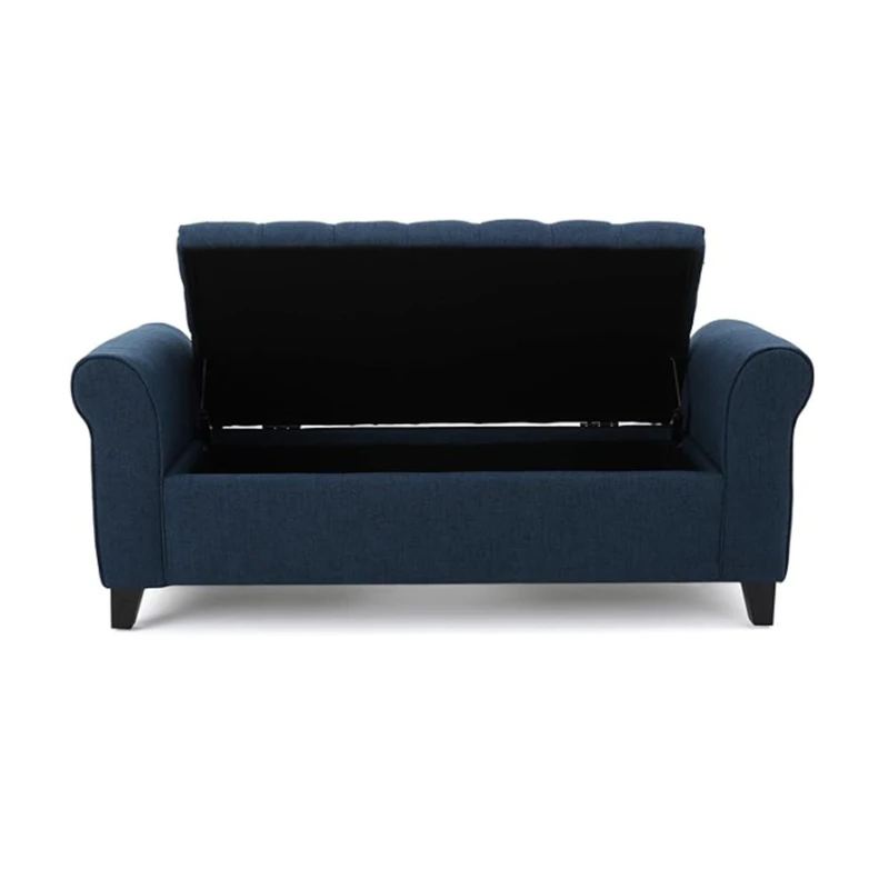 Contemporary Upholstered Ottoman with Rolled Arms and Pressure Hinges, Armed Storage Bench, Ideal for Small Spaces, 50" L x 19.5" W x 20.5" H, Navy Blue