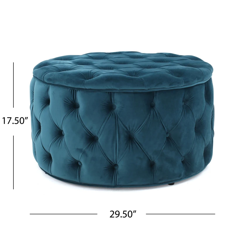 Modern Glam Round Velvet Ottoman with Cushioned Top, Sturdy Frame, and Space-Saving Design, 29.5" L x 29.5" W x 18" H, Teal