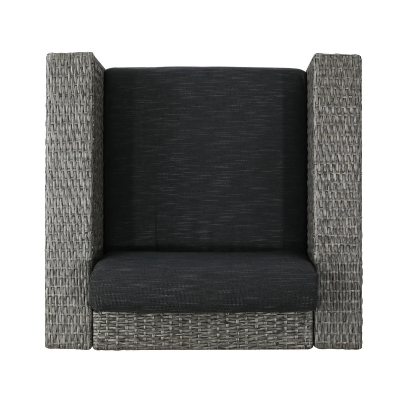 Outdoor Swivel Club Chair, Polyethylene Wicker, Water-Resistant Cushions, 33.5" L x 31.5" W x 27.75" H, Assembly Required, Black+Gray