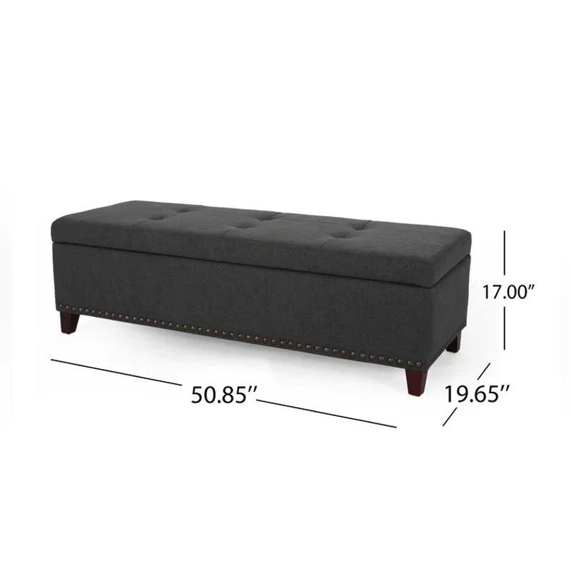 Storage Ottoman with Tufted Waffle Stitching, Nailhead Trim, Contemporary Design and Ample Storage Space, 50.85" L x 19.65" W x 15.75" H, Dark Gray