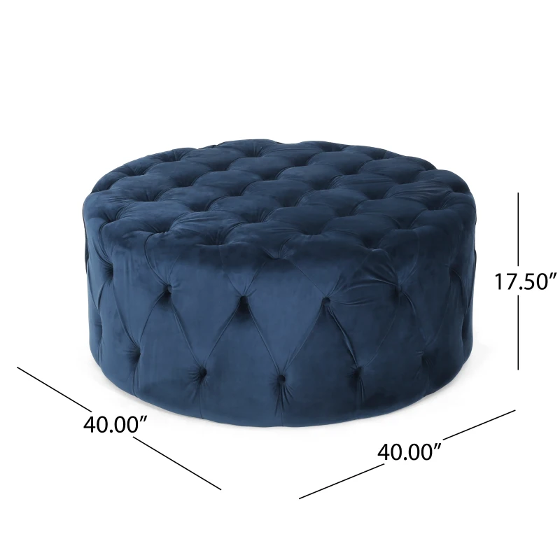 Modern Glam Round Tufted Velvet Ottoman with Cushioned Top, Sturdy Frame, and Space-Saving Design, 40" L x 40" W x 17.5" H, Blue