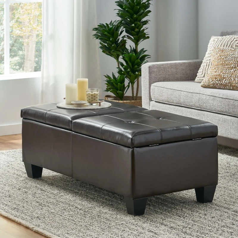 Double-Top Storage Ottoman with Soft Leather, Tufted Design, Ample Interior Space, and Matching Espresso Legs, 51"x24.5"x19", Brown