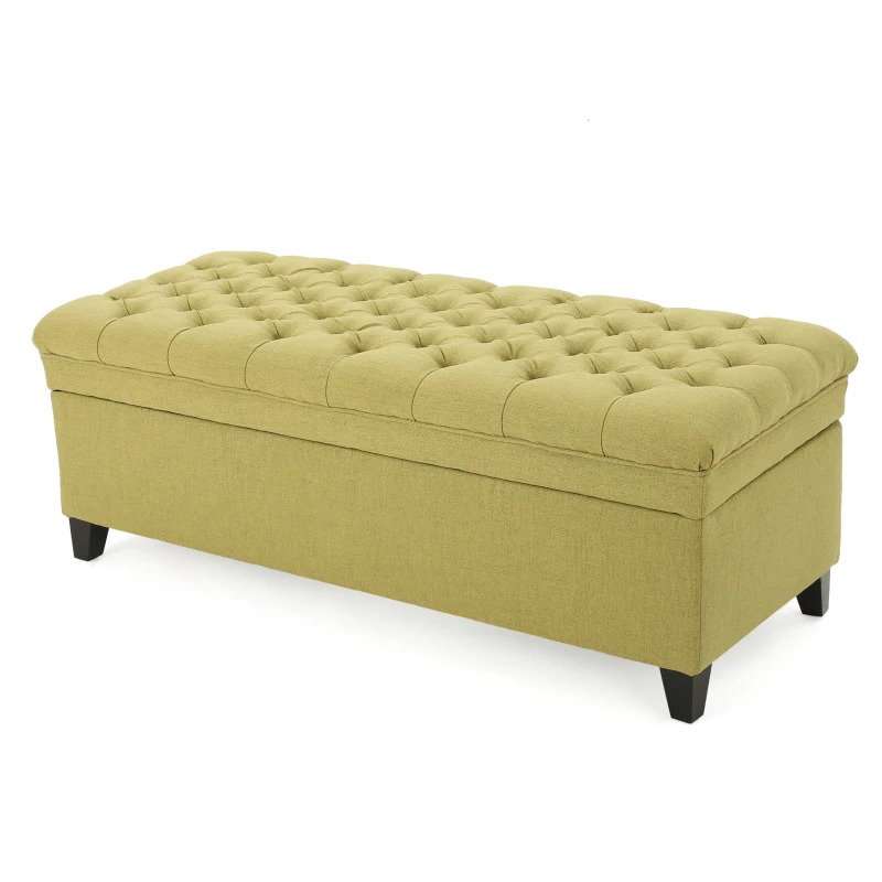 Storage Ottoman with Birch Legs, Hand-Tufted Fabric, 50" L x 20.5" W x 18.25" H, Spot Clean, Green