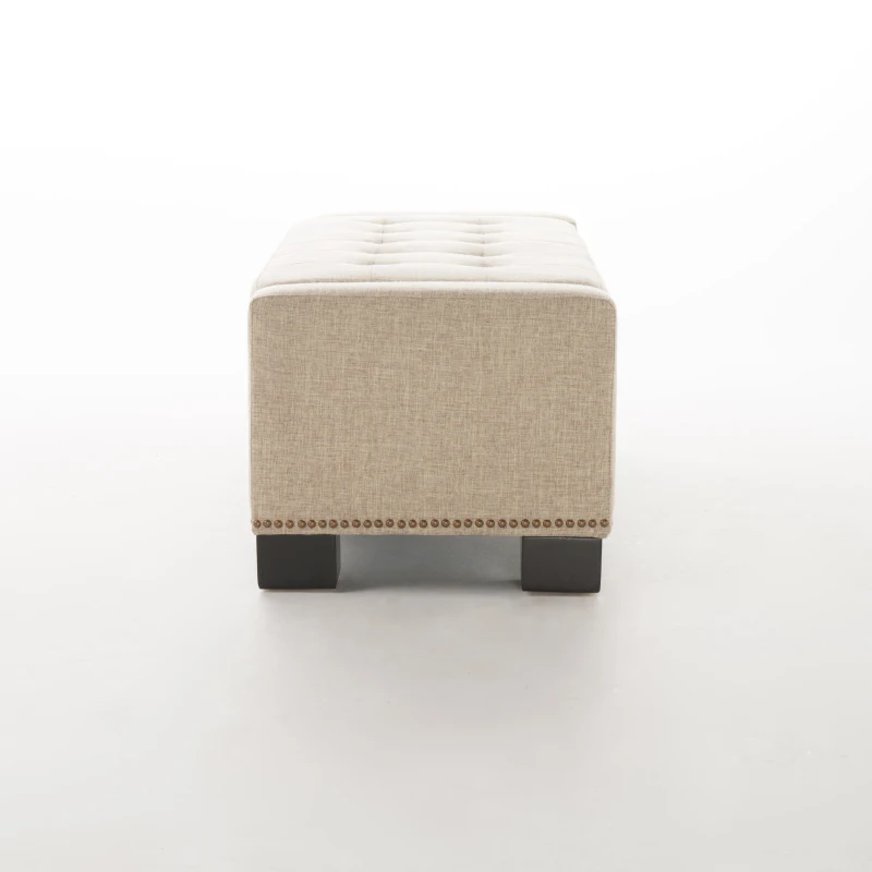 Storage Ottoman with Studs, Hinged Lid, Tufted Top, and Birch Legs, 50.85" L x 19.5" W x 17" H, Wheat
