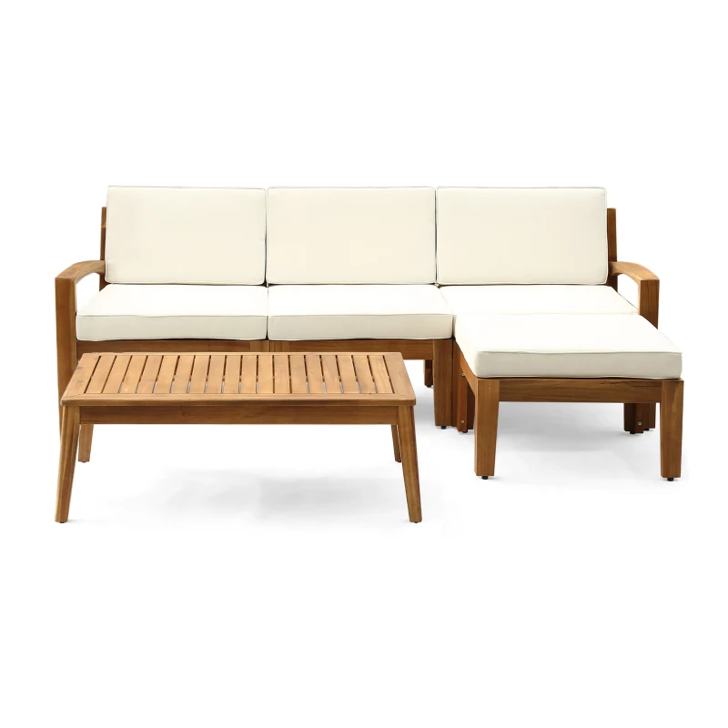 Transitional L-Shaped Patio Furniture Set, Acacia Wood Frame with Water-Resistant Cushions and Slat Panel Design, 27" L x 29.5" W x 26.25" H, Beige