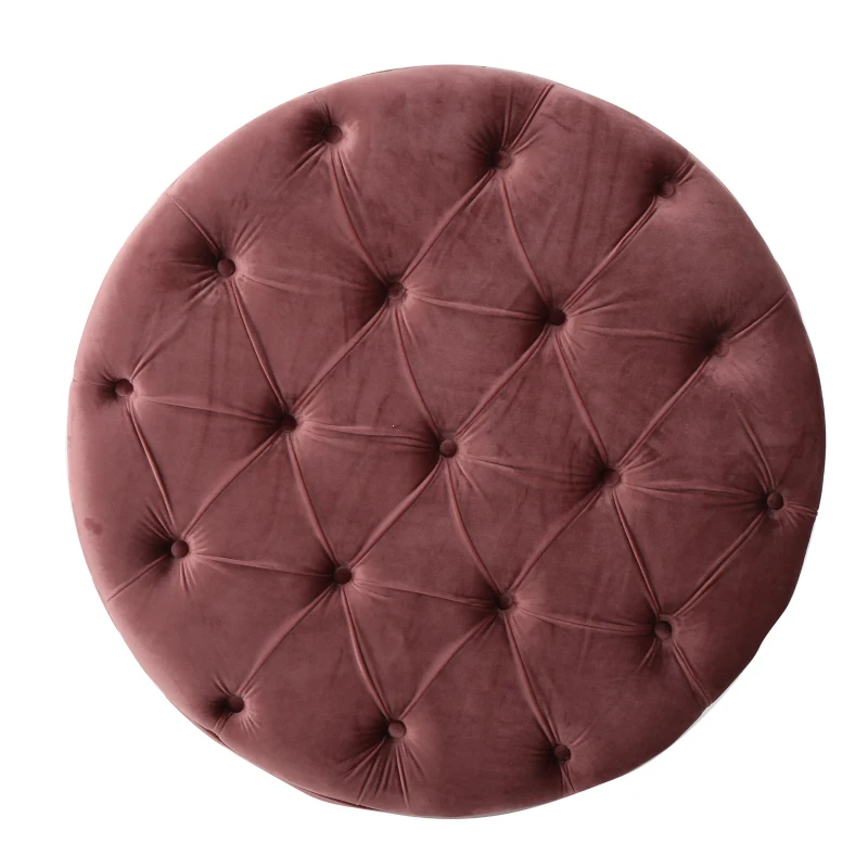Modern Glam Round Velvet Ottoman with Cushioned Top, Sturdy Frame, and Space-Saving Design, 29.5" L x 29.5" W x 18" H, Blush