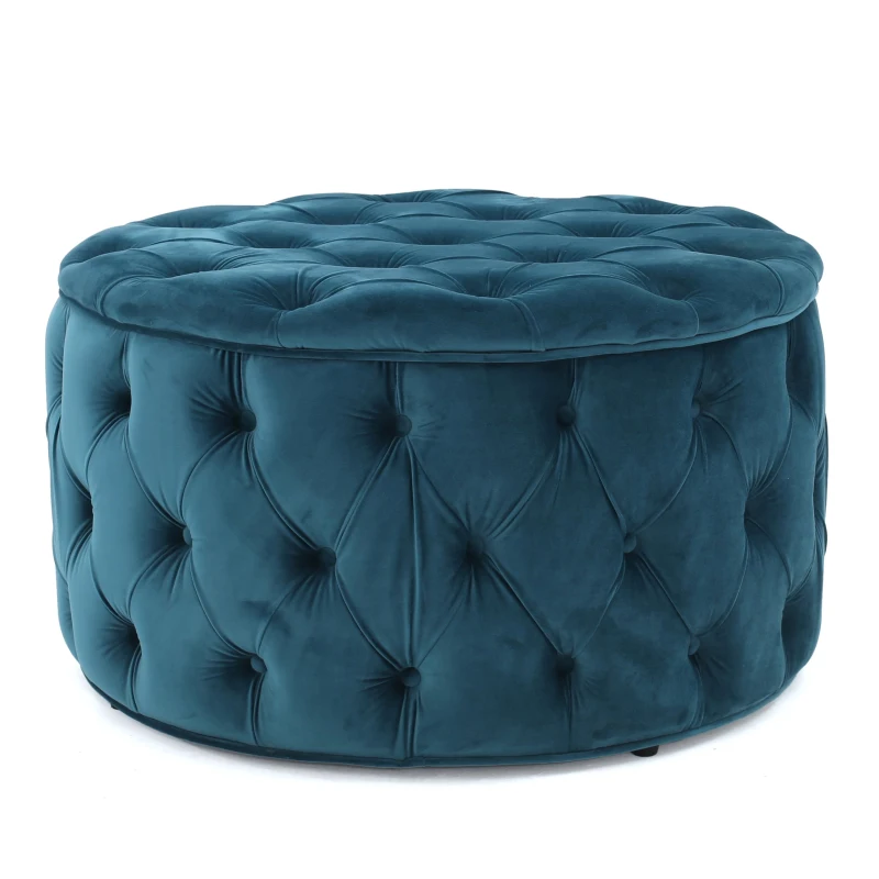 Modern Glam Round Velvet Ottoman with Cushioned Top, Sturdy Frame, and Space-Saving Design, 29.5" L x 29.5" W x 18" H, Teal
