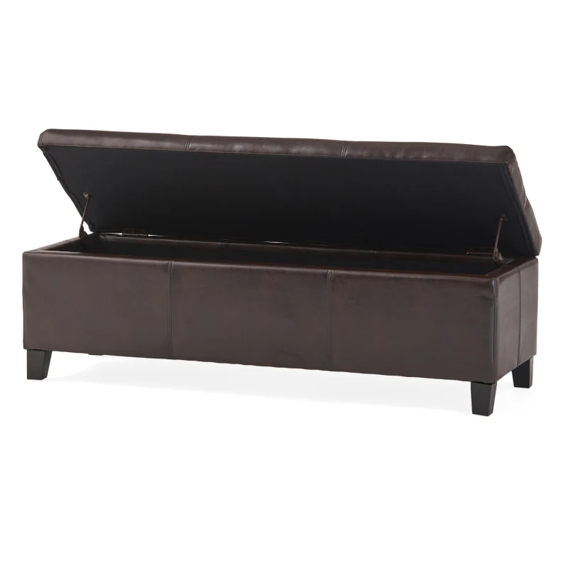 Faux Leather Storage Ottoman Bench, Solid Wood Construction, Versatile Seating and Storage, 51.25" L x 17.5" W x 16.25" H, Brown