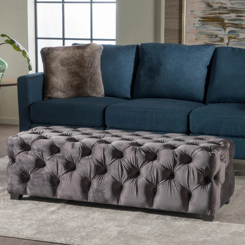 Contemporary Glam Rectangle Padded Ottoman with Cushioned Top, Sturdy Frame, and Space-Saving Design, 50.75" L x 18.75" W x 15.75" H, Grey
