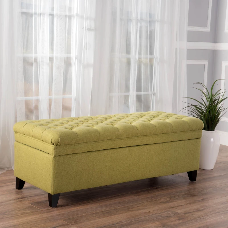 Storage Ottoman with Birch Legs, Hand-Tufted Fabric, 50" L x 20.5" W x 18.25" H, Spot Clean, Green