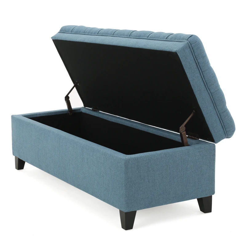 Storage Ottoman with Birch Legs, Hand-Tufted Fabric, 50" L x 20.5" W x 18.25" H, Spot Clean, Blue