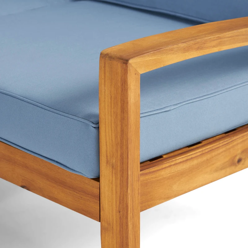 Transitional L-Shaped Patio Furniture Set, Acacia Wood Frame with Water-Resistant Cushions and Slat Panel Design, 27" L x 29.5" W x 26.25" H, Blue