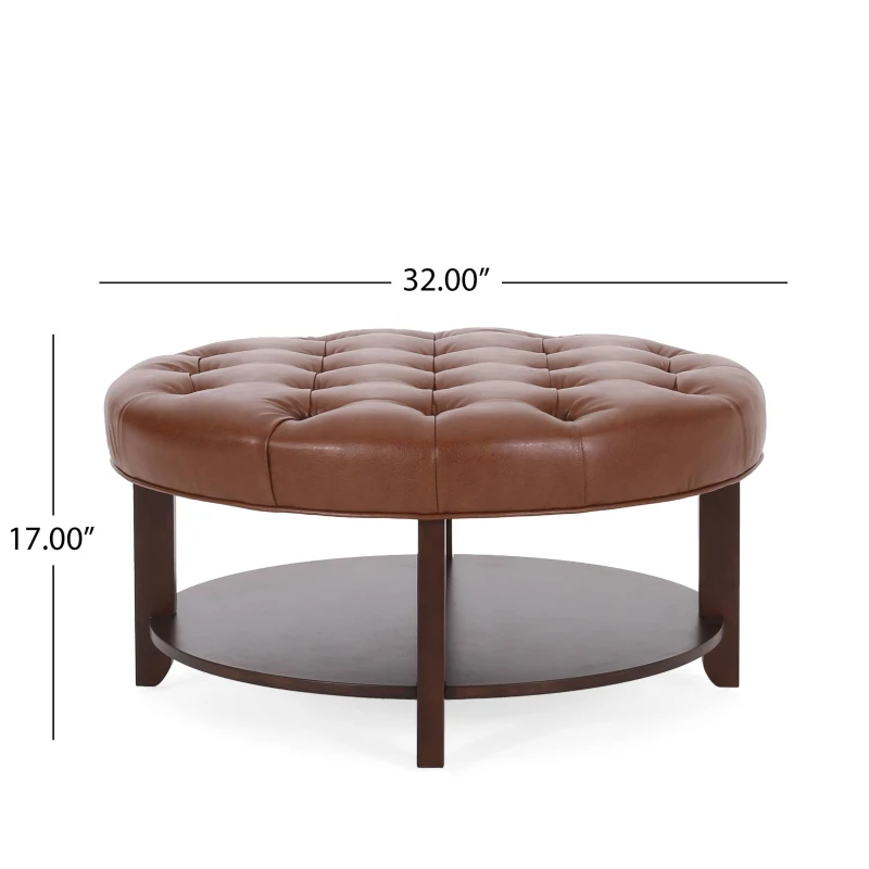 Round Ottoman with Faux Leather Upholstery, Button Tufting, Rubberwood Frame, and Open Shelf, Contemporary Design, 32" L x 32" W x 17" H, Light Brown