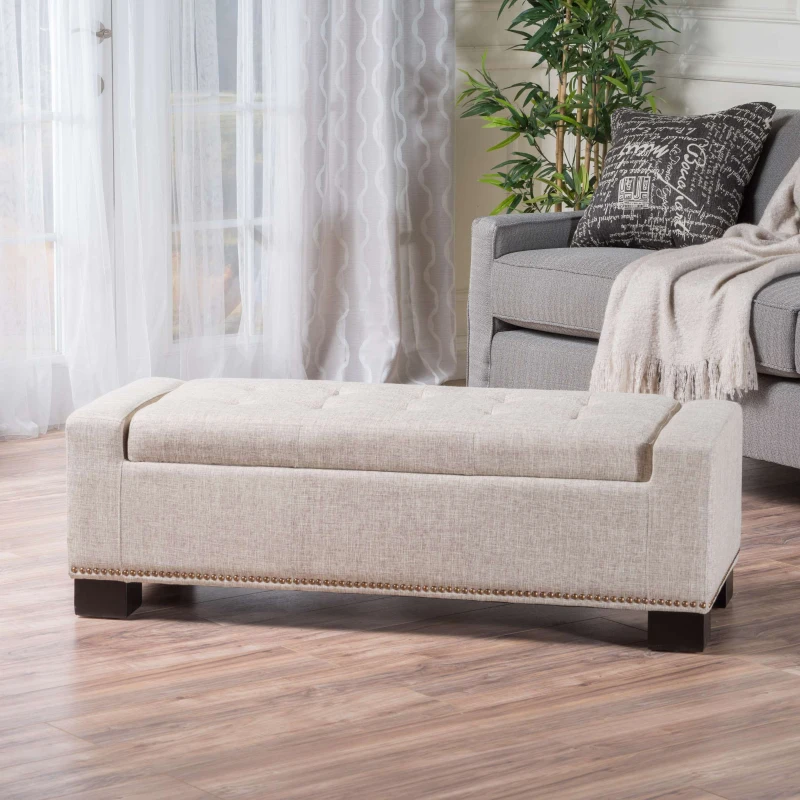 Storage Ottoman with Studs, Hinged Lid, Tufted Top, and Birch Legs, 50.85" L x 19.5" W x 17" H, Wheat