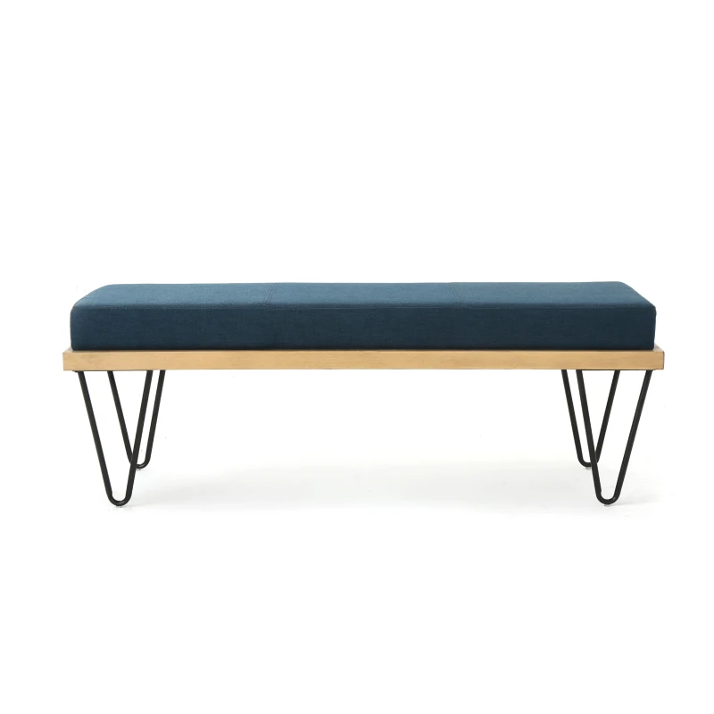 Stylish Bedroom Bench with Padded Seat Cushion, Upturned Wide U Shape, Light Assembly Required, 47.25" L x 15.75" W x 16.5" H, Navy Blue