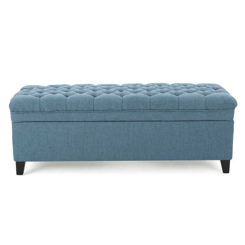 Storage Ottoman with Birch Legs, Hand-Tufted Fabric, 50" L x 20.5" W x 18.25" H, Spot Clean, Blue