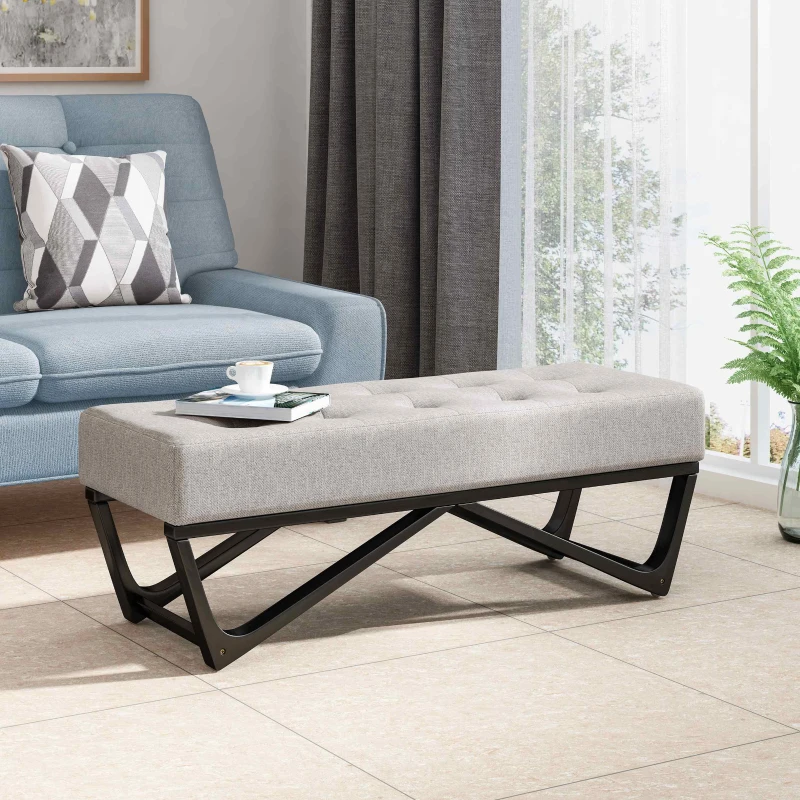 Ottoman with Cushioned Top, Sturdy Frame, and Space-Saving Design, 47.25" L x 17.5" W x 16.5" H, Light Gray