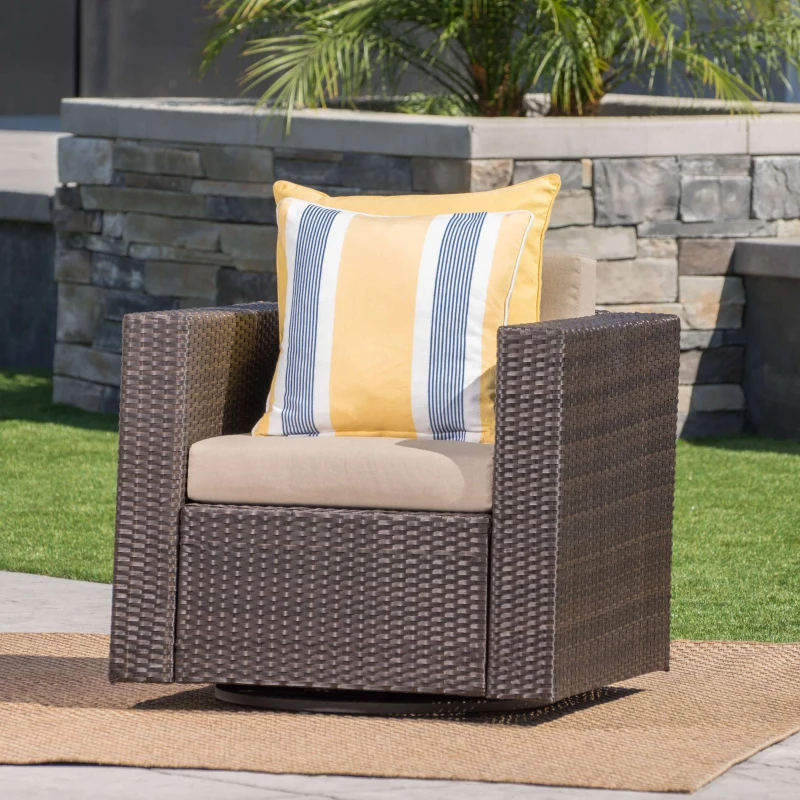 Outdoor Wicker Club Chair with Water Resistant Cushions, Swivel Chair, 33.5" L x 31.5" W x 27.75" H, Brown+Beige