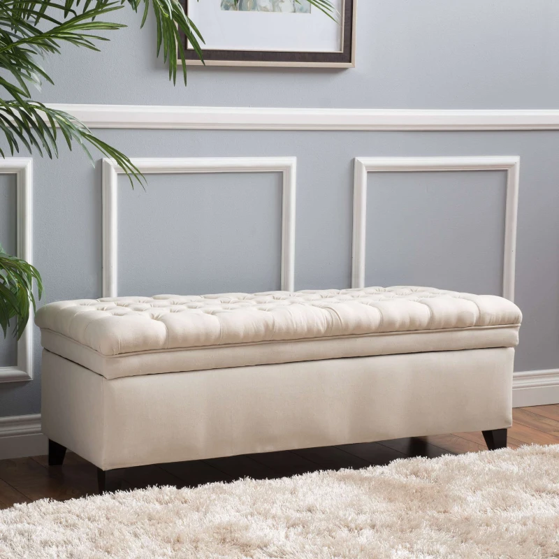 Storage Ottoman with Birch Legs, Hand-Tufted Fabric, 50" L x 20.5" W x 18.25" H, Spot Clean, Beige