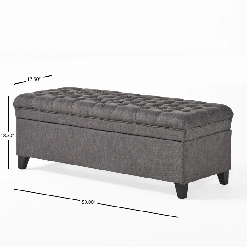 Storage Ottoman with Birch Legs, Hand-Tufted Fabric, 50" L x 20.5" W x 18.25" H, Spot Clean, Gray