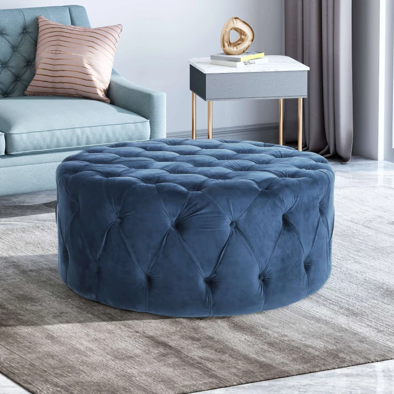 Modern Glam Round Tufted Velvet Ottoman with Cushioned Top, Sturdy Frame, and Space-Saving Design, 40" L x 40" W x 17.5" H, Blue