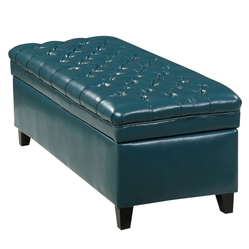 Storage Ottoman with Birch Legs, Faux Leather Tufted, 50" L x 20.5" W x 18.25" H, Spot Clean, Teal