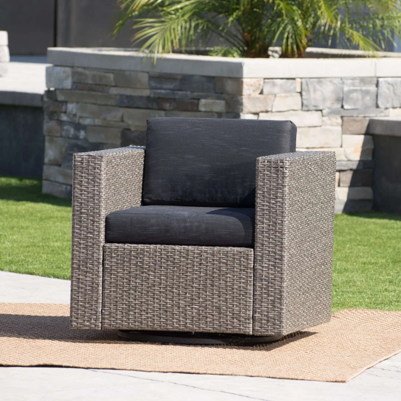 Outdoor Swivel Club Chair, Polyethylene Wicker, Water-Resistant Cushions, 33.5" L x 31.5" W x 27.75" H, Assembly Required, Black+Gray