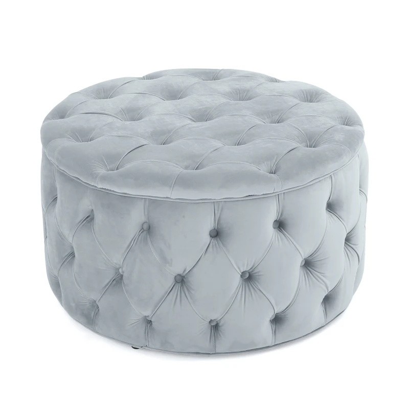 Modern Glam Round Velvet Ottoman with Cushioned Top, Sturdy Frame, and Space-Saving Design, 29.5" L x 29.5" W x 18" H, Light Gray