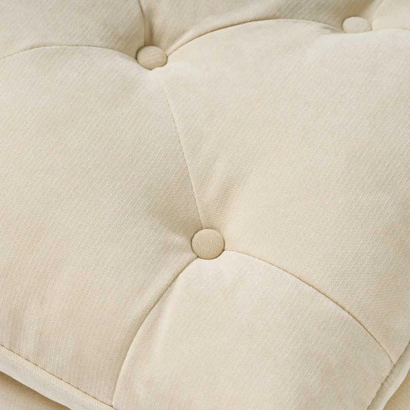 28" Pillow Top Ottoman with Button Tufted Upholstery, Turned Birch Legs, Extra Seating or Footrest, 28.5"x18"x17.75", Cream