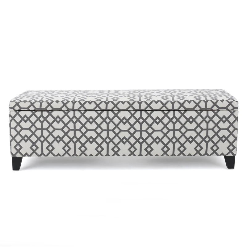 Cushioned Storage Ottoman with Sturdy Frame and Space-Saving Design, Geometric Pattern Surface, Gray