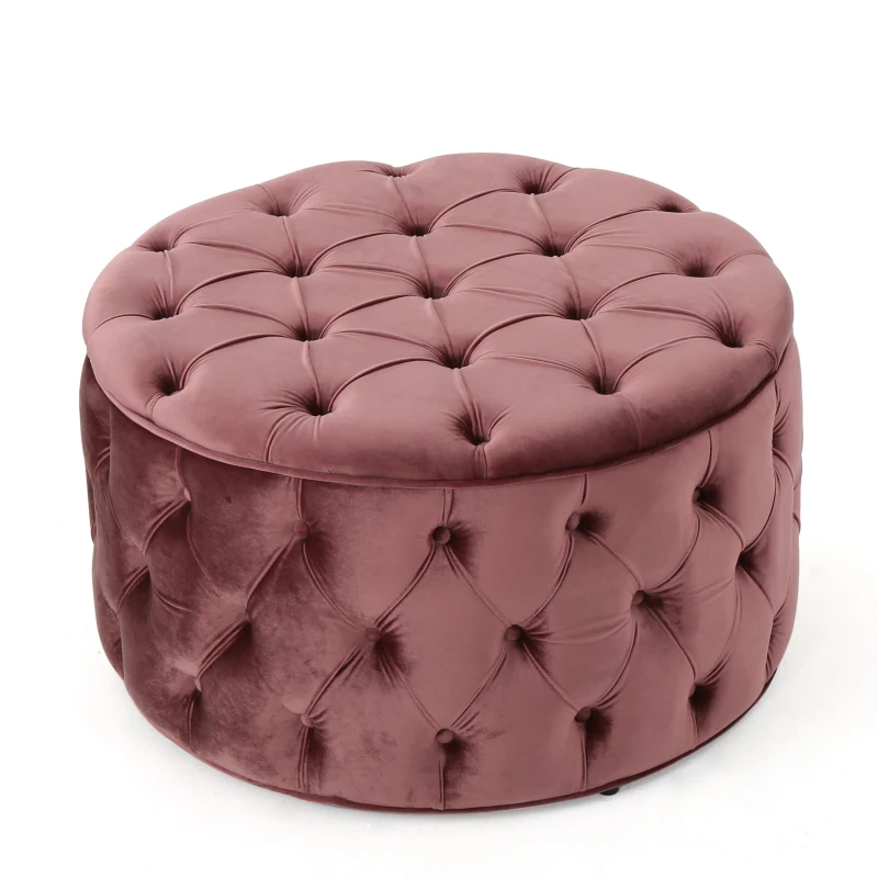 Modern Glam Round Velvet Ottoman with Cushioned Top, Sturdy Frame, and Space-Saving Design, 29.5" L x 29.5" W x 18" H, Blush