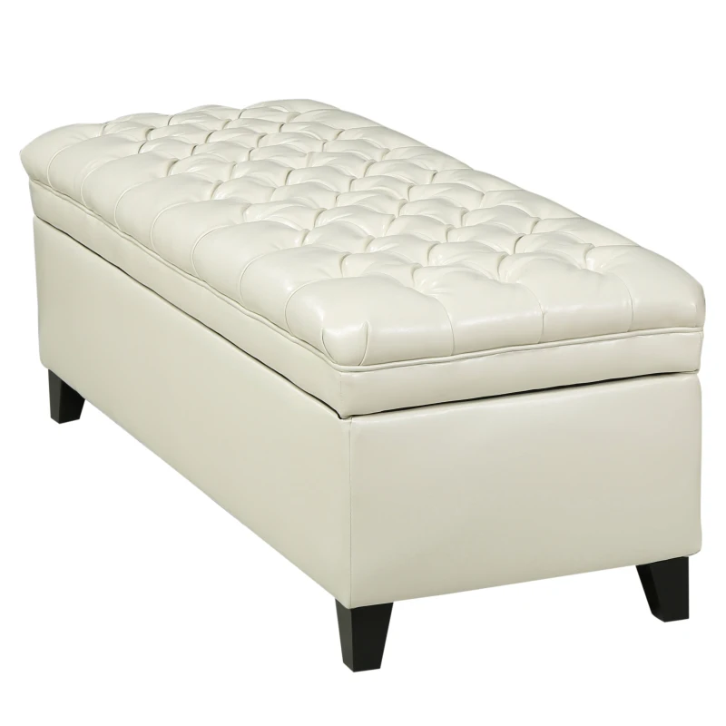 Storage Ottoman with Birch Legs, Faux Leather Tufted, 50" L x 20.5" W x 18.25" H, Spot Clean, Ivory