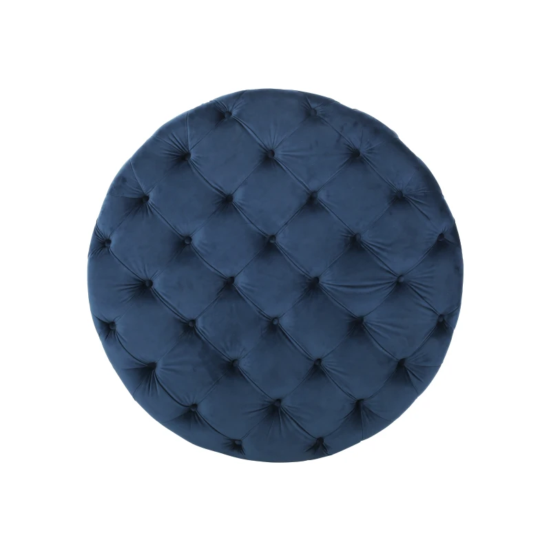 Modern Glam Round Tufted Velvet Ottoman with Cushioned Top, Sturdy Frame, and Space-Saving Design, 40" L x 40" W x 17.5" H, Blue