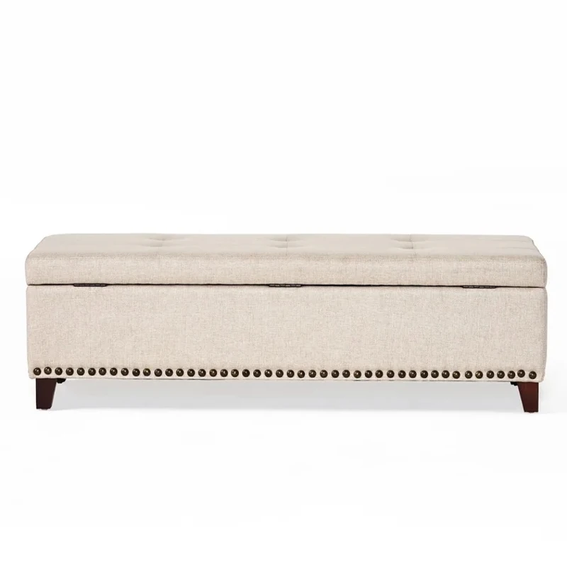 Storage Ottoman with Tufted Waffle Stitching, Nailhead Trim, Contemporary Design, and Ample Storage Space, 50.85" L x 19.65" W x 15.75" H, Beige