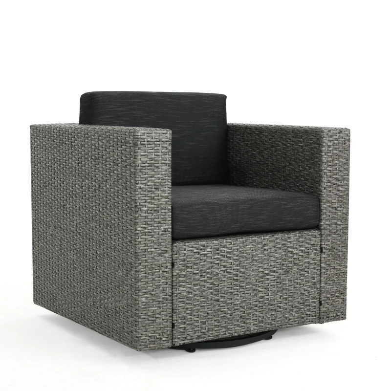 Outdoor Swivel Club Chair, Polyethylene Wicker, Water-Resistant Cushions, 33.5" L x 31.5" W x 27.75" H, Assembly Required, Black+Gray