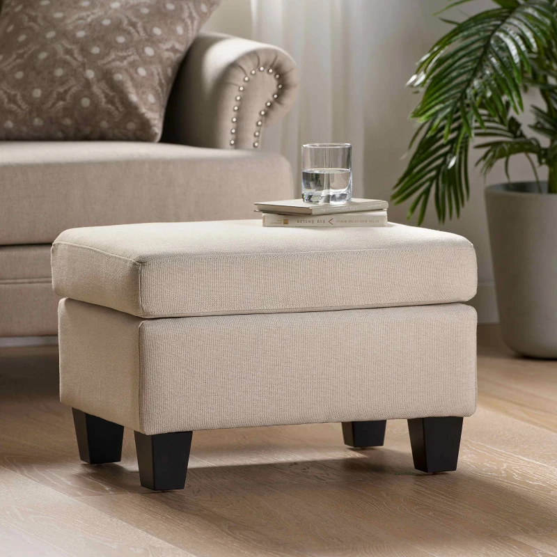 Fabric Ottoman with Smooth Upholstery, Contemporary Design, Versatile Use, Birch Wood Legs, 24" x 18" x 16", Linen