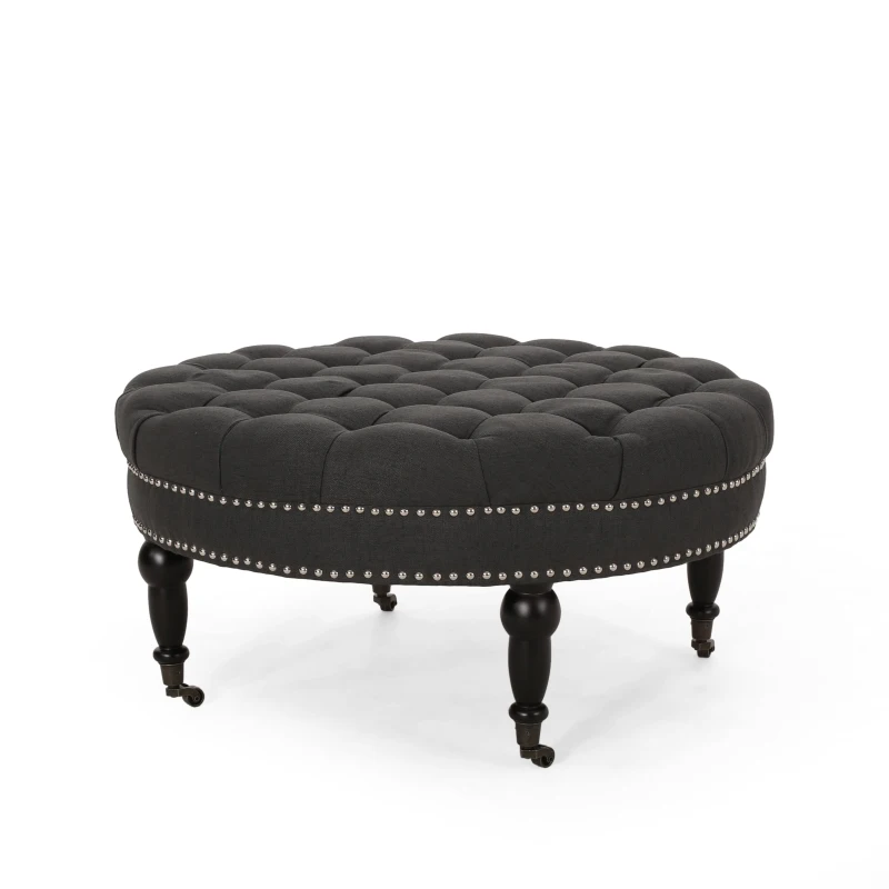 Ottoman with Casters and Birch Wood Legs, Contemporary Design, Button Tufted Diamond Stitch, Nailhead Accents, 35" x 35" x 17", Dark Gray