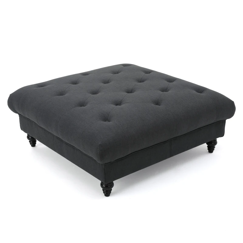 Tufted Ottoman with Upholstered Polyester Blend, Button Tufting, Turned Feet, 40.5" x 40.5" x 16.9", Dark Gray