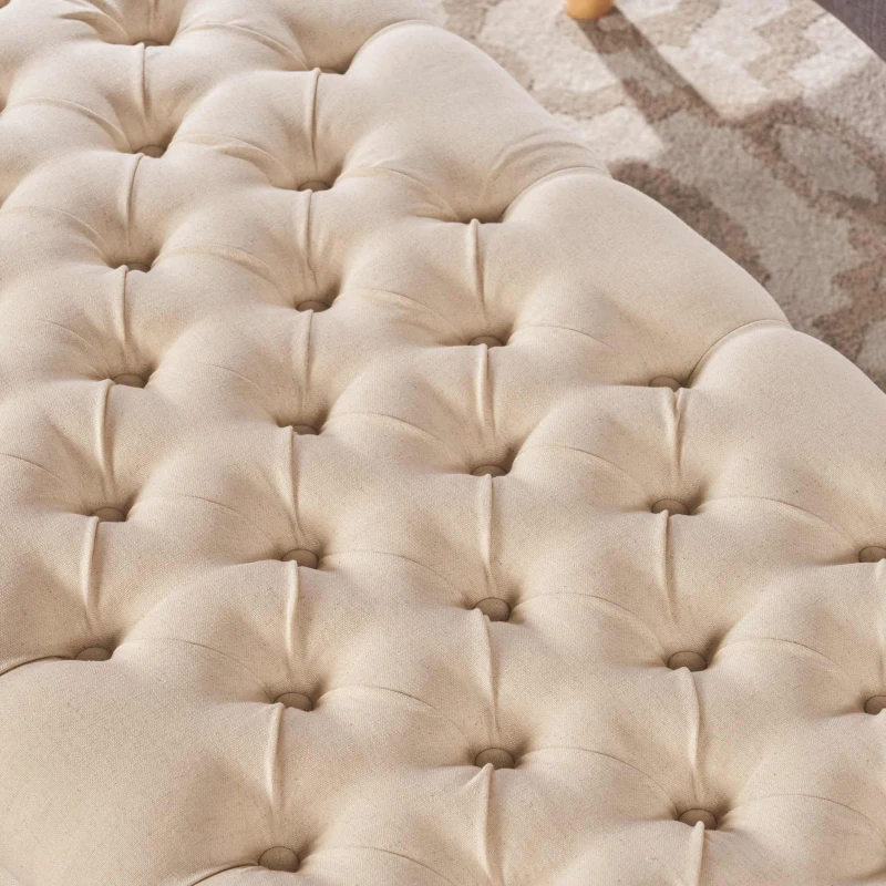 Storage Ottoman with Birch Legs, Hand-Tufted Fabric, 50" L x 20.5" W x 18.25" H, Spot Clean, Beige