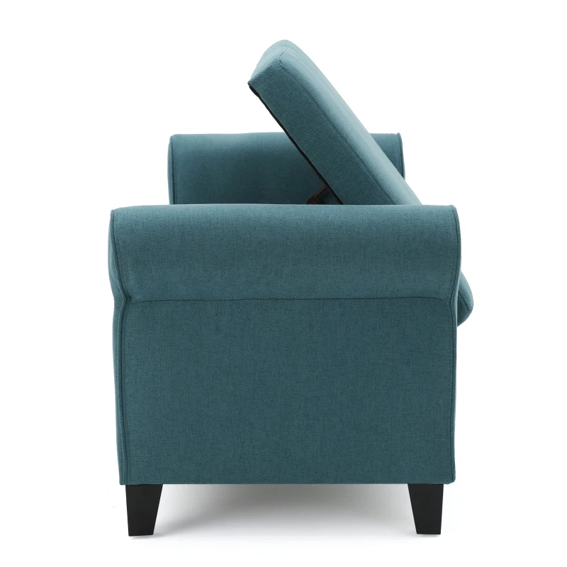 Contemporary Upholstered Ottoman with Rolled Arms and Pressure Hinges, Armed Storage Bench, Ideal for Small Spaces, 50" L x 19.75" W x 20.5" H, Teal