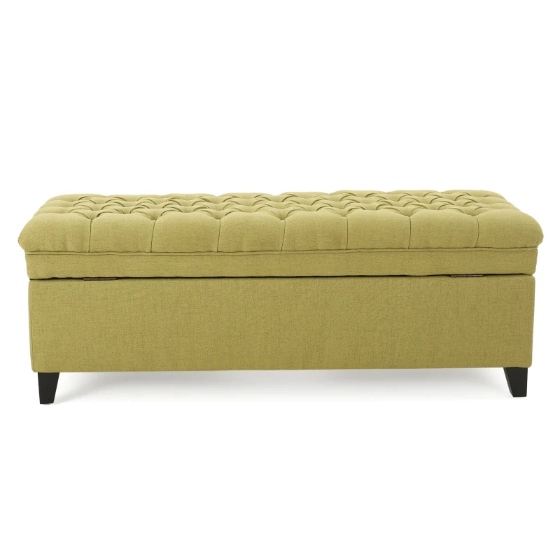 Storage Ottoman with Birch Legs, Hand-Tufted Fabric, 50" L x 20.5" W x 18.25" H, Spot Clean, Green