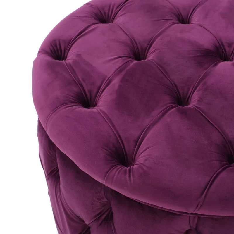 Modern Glam Round Velvet Ottoman with Cushioned Top, Sturdy Frame, and Space-Saving Design, 29.5" L x 29.5" W x 18" H, Fuchsia