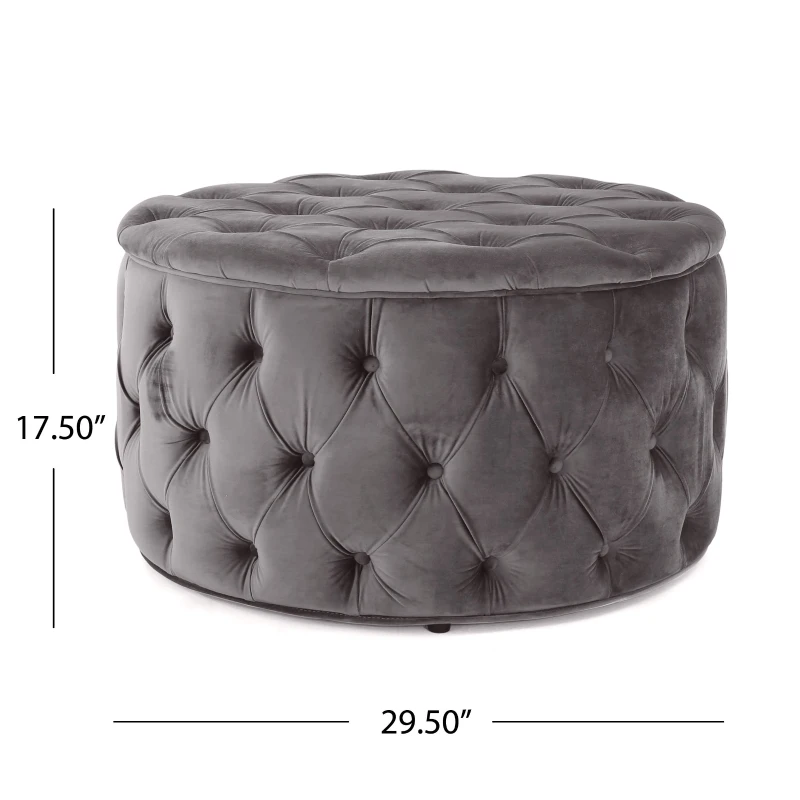 Modern Glam Round Velvet Ottoman with Cushioned Top, Sturdy Frame, and Space-Saving Design, 29.5" L x 29.5" W x 18" H, Gray