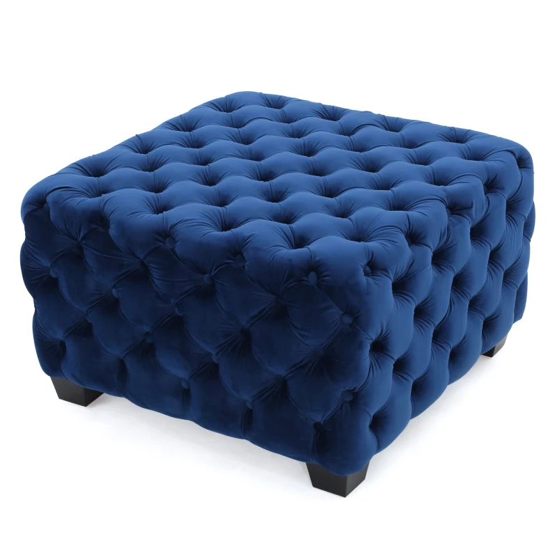 Velvet Ottoman with Cushioned Top, Sturdy Frame, and Space-Saving Design, 29" L x 29" W x 18.25" H, Navy Blue